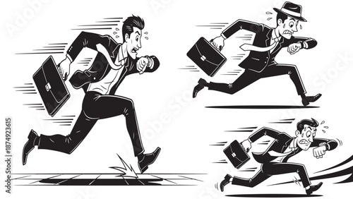 Businessman in suit running with briefcase in different poses for deadline pressure marketing and high-speed corporate productivity business solutions.