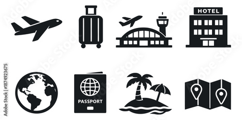 Simple icon travel and tourism set featuring airplanes, luggage, airport, and map for global holidays