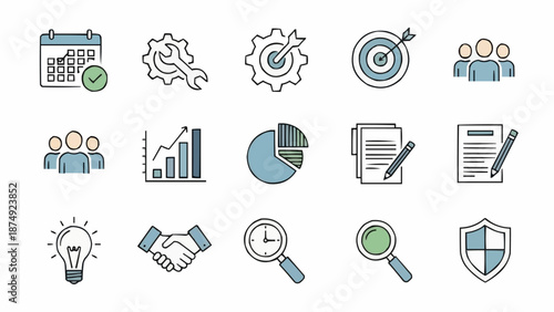 Collection of business and finance icons in a doodle style.