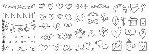 Collection of hand drawn love and romance themed doodles with hearts
