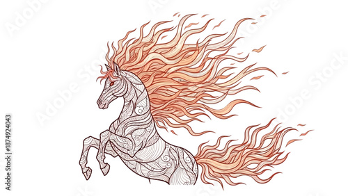 Illustration of a rearing horse with a fiery mane and tail, symbolizing the Fire Horse of Chinese New Year, against a clean white background.