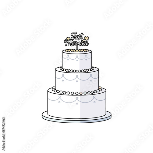 Elegant Tiered Wedding Cake with 'Just Married' Topper Illustration for Love Celebrations