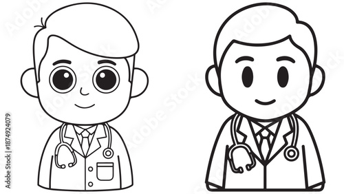 Cute chibi male doctor characters with stethoscopes for pediatric healthcare clinic branding and professional medical business service identity design.