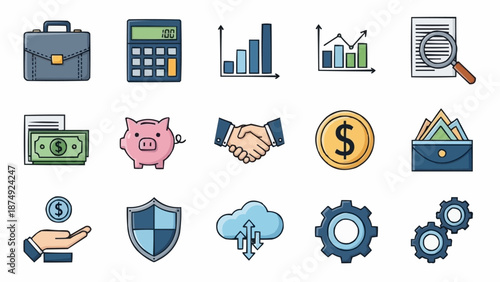 Collection of business and finance icons for digital use.