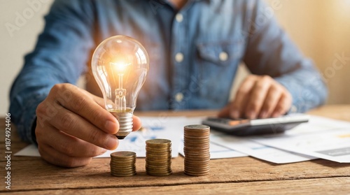 Finance planning investment savings budgeting innovation lightbulb money coin strategy Person hand holding glowing lightbulb