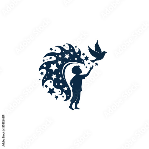 Young child's silhouette reaching for a star-laden bird, symbolizing dreams, freedom, and love.