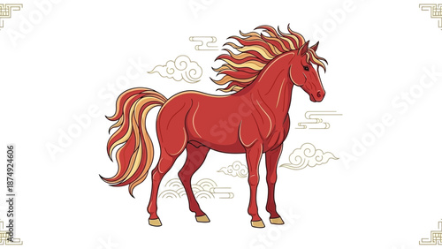 Illustration of a Fire Horse with a flowing mane and tail, symbolizing the Chinese New Year, set against a white background with subtle golden cloud designs.