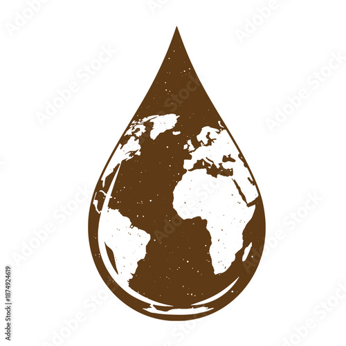 Drawing Vintage Brown teardrop shaped illustration of the earth with a white background  planet inside a drop