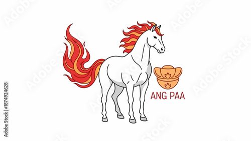 Illustration of a Fire Horse with a flowing mane and tail, accompanied by an Angpao, symbolizing Chinese New Year, on a clean white background.