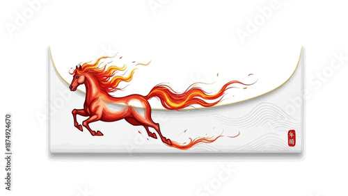Illustration of a Fire Horse on an Angpao during Chinese New Year with vibrant red and orange hues on a white background.