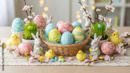 Easter eggs in a basket with bunnies and chicks on a table