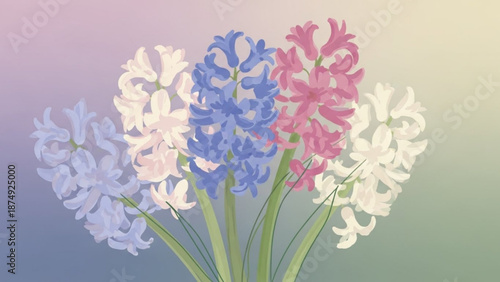 Colorful hyacinth flowers in purple blue pink and white gradient