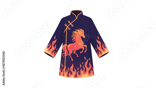 A vibrant Fire Horse design on a traditional Chinese-style shirt with flame patterns, symbolizing the Chinese New Year, against a clean white background.