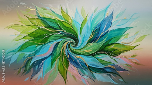 Vibrant abstract floral swirl with green and blue leaves on gradient