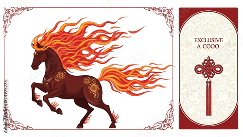Illustration of a Fire Horse with flowing mane and tail, accompanied by an Angpao and the text 'EXCLUSIVE A GOOD' on a decorative background, symbolizing Chinese New Year.