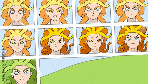 Anime Style Female Character Portraits with Vibrant Hair and Expressive Eyes