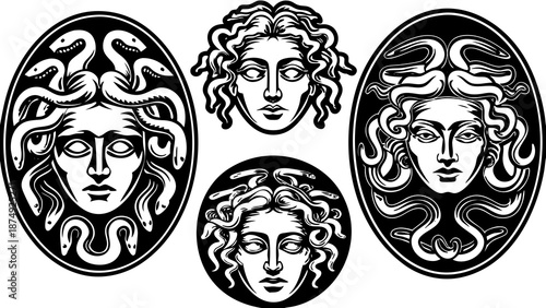 Set of Medusa Gorgon Head Logos, Ancient Greek Mythology Vector Illustrations, Female Monster with Snake Hair Symbols.