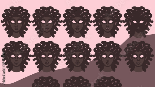 Multiple Medusa Silhouettes with Glowing Eyes on Pink Background