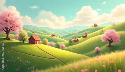 Spring Blossom Valley with Country Houses: A countryside valley in spring filled with blooming trees, small rural houses scattered across rolling hills, pastel color palette, warm afternoon light.