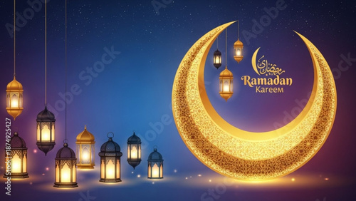 Ramadan kareem crescent moon with lanterns in night sky