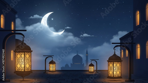 Glowing lanterns under crescent moon in a serene nighttime cityscape
