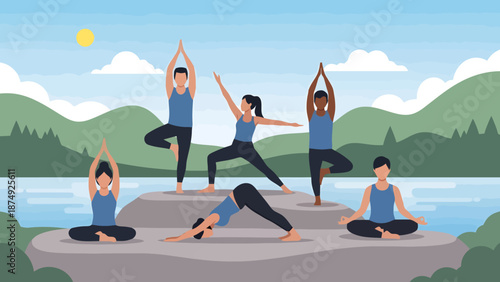 Diverse Group Engages In Outdoor Yoga Poses By Serene Lake Amidst Rolling Hills And Sunny Sky