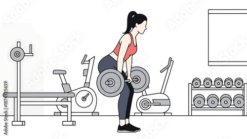 Woman Performing Barbell Deadlift Exercise in Gym Setting with Exercise Equipment and Weights