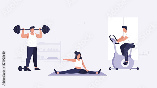 Diverse Fitness Activities In A Modern Indoor Gymnasium With People Exercising With Weights On A Bicycle And Stretching For Health And Wellness