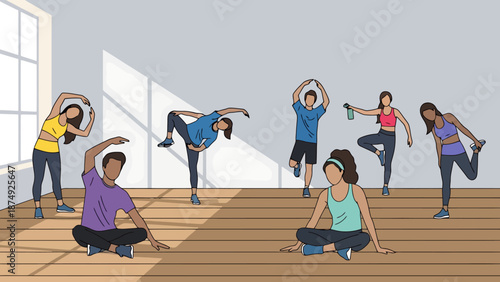 Diverse group of people performing various wellness exercises and fitness movements in a brightly lit studio setting on a wooden floor