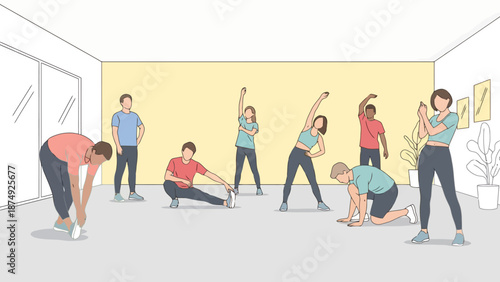 Diverse group of people engaging in varied stretching exercises and warm up routines in a bright studio space promoting wellness and fitness