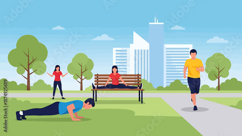 Diverse people enjoying outdoor fitness activities in a green urban park setting with city skyline background a healthy lifestyle concept illustration