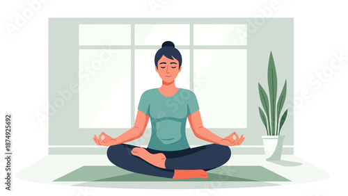 Woman Meditating Calmly Indoors Practicing Relaxation and Inner Peace on Yoga Mat by Window