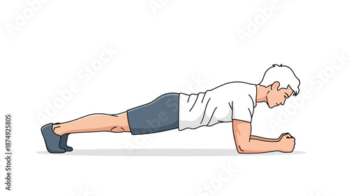 Male enduring core strength exercise with elbow plank pose on white background demonstrating fitness and body conditioning
