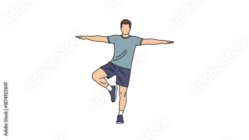Athletic man performing a balance exercise on one leg with arms extended outward for stability during a fitness routine on a clean white background