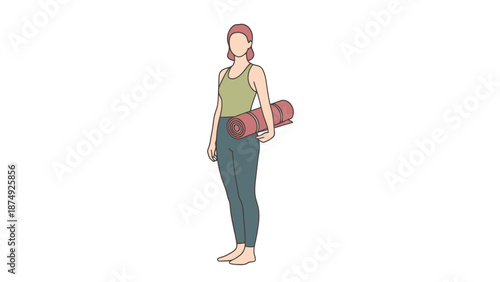 Woman standing holding rolled up exercise mat prepared for a healthy lifestyle activity indoors or outdoors