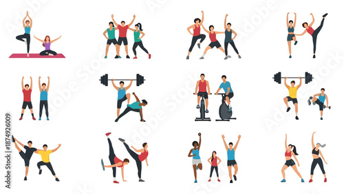 Active People Exercising Together Demonstrating Various Sports And Fitness Routines For Health And Wellness Concepts