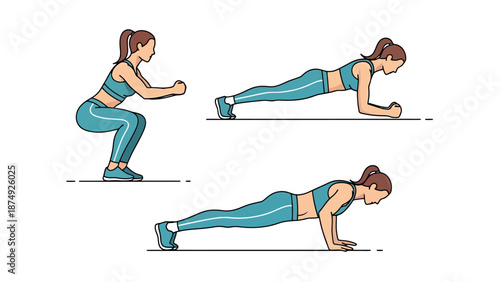 Fitness Woman Performing Strength Training Exercises for Body Sculpting and Wellness One Bodyweight Workout Sequence