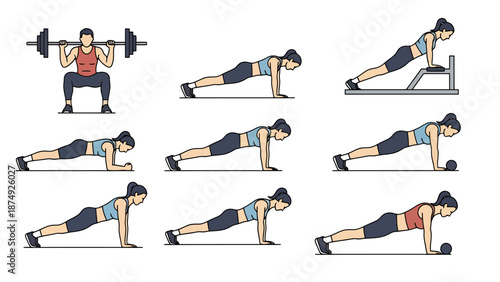 Fitness Routine Collection Demonstrating Strength Training Exercises for Workout Motivation And Healthy Lifestyle