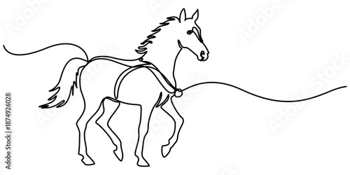 horse continuous one line drawing,  Horse linear minimal style, Continuous one line drawing of a horse in stride, representing freedom and grace, line art style vector illustration. 