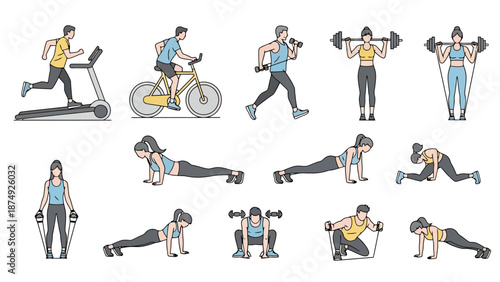 Diverse Group Exercising with Various Equipment and Bodyweight Routines for Fitness and Wellness Lifestyle Collection