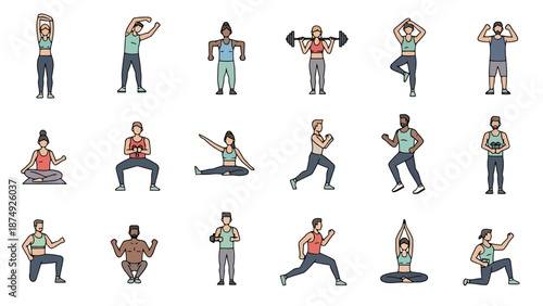 Diverse group of individuals engaged in various physical activities and exercises representing a healthy lifestyle and fitness routines