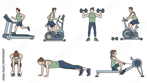 Diverse Fitness Routine Set Including Cardio Machines Strength Training and Bodyweight Exercises for Healthy Lifestyle
