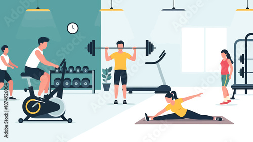 Healthy people engaged in various fitness activities within a modern well equipped gymnasium environment promoting wellness and strength training