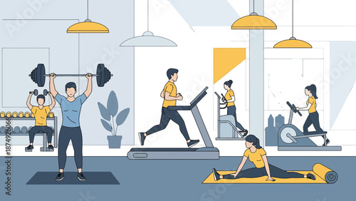 Modern Fitness Center With People Exercising On Various Machines And Lifting Weights On A Bright Day