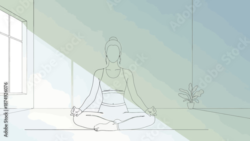 Serene woman practicing mindful meditation indoors bathed in natural sunlight creating a tranquil atmosphere for wellness and contemplation