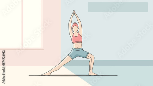 Woman Performs Warrior Two Pose In A Bright Room Encouraging Healthy Lifestyle And Wellness Practices