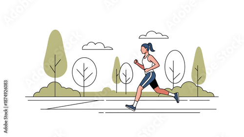 Woman Jogging Outdoors on Park Path in Stylized Linear Art Style with Trees and Clouds in Background for Health and Wellness Concepts