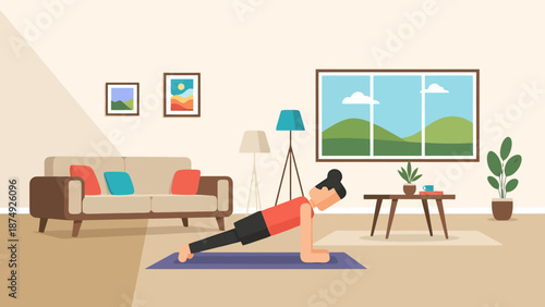 Woman Performing Extended Arm Plank Exercise on Yoga Mat in Sunlit Living Room Interior Healthy Lifestyle Home Fitness Routine Concept
