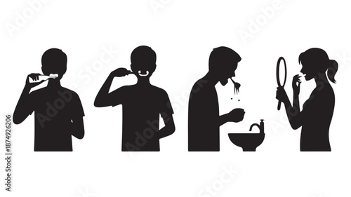 People performing oral hygiene routine in a graphic silhouette vector illustration with stark black and white contrast for dental health promotion.