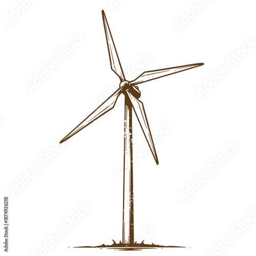 Drawing Vintage Brown wind turbine illustration with three blades on a pole  renewable energy concept